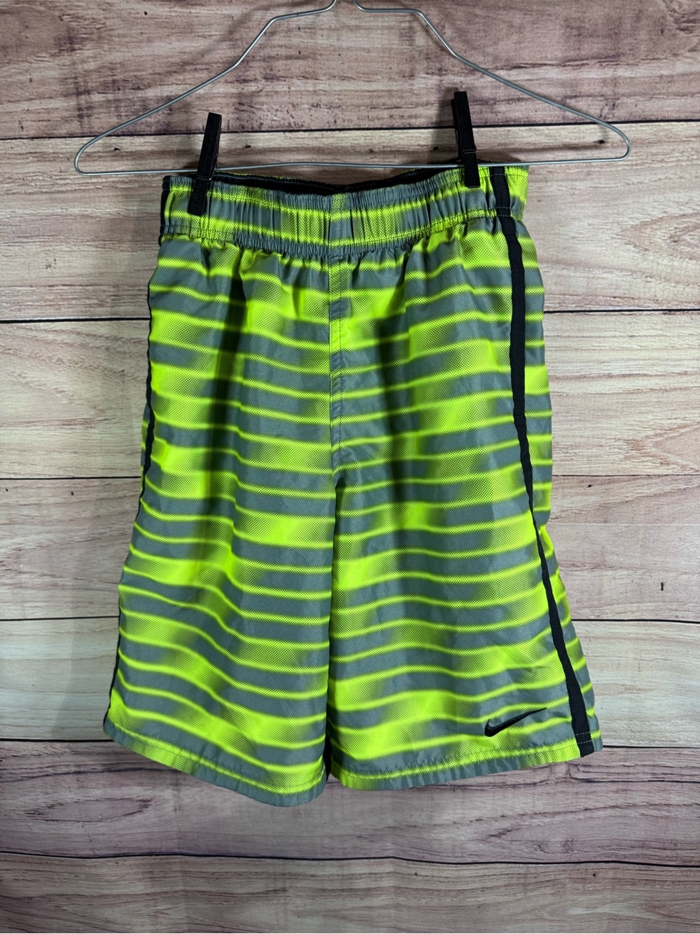 Nike Boys Neon Yellow Gray Striped Swim Trunks Size Medium M 9-11 YRS